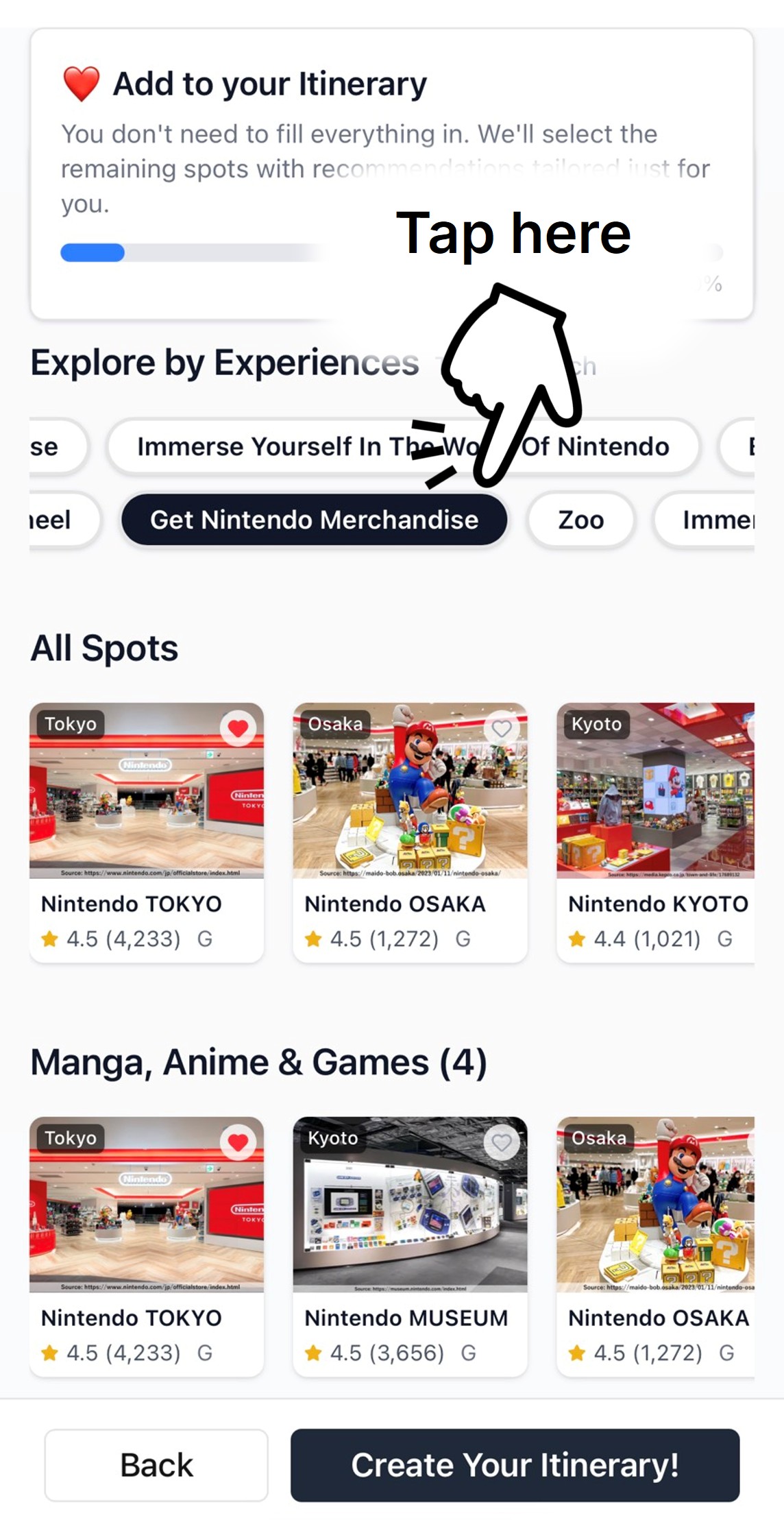 Search tourist spots by experience type